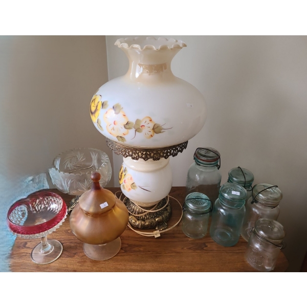 Assorted Household Items Including: Lamp 23 T, Canning Jars, Candy Dishes, and More!