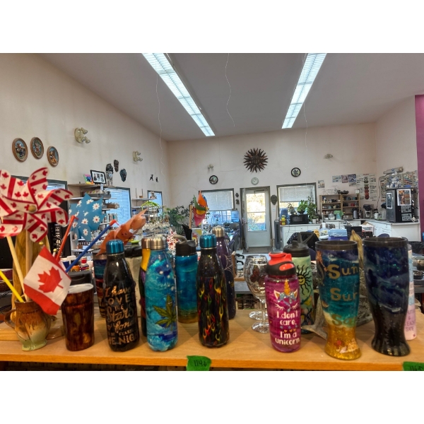  water jugs, insulated mugs, glassware, statues, dolphin statue