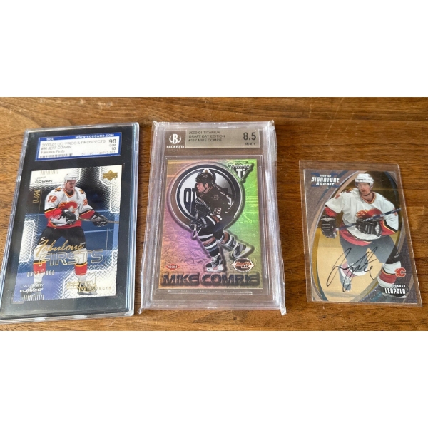 Graded Hockey Cards - Mike Comrie (Grade 8.5) w/  Jeff Cowan (Grade 10) & Signed Jordan Leopold Card