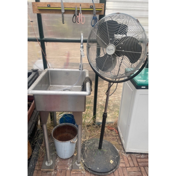 Industrial Pedestal Fan/Air Circulator & Stainless Freestanding Utility Sink