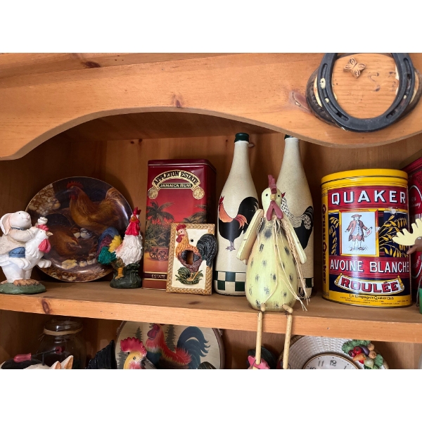 Collection of small roosters and other small collectibles, including rooster python and a rooster cl