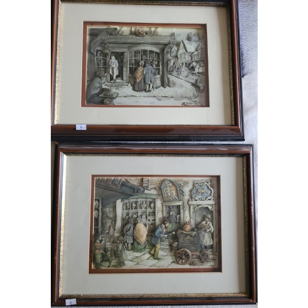 Two "Anton Peck Illustrations" as 3D Collage Art 18.5 X 14.5, Framed Under Glass 