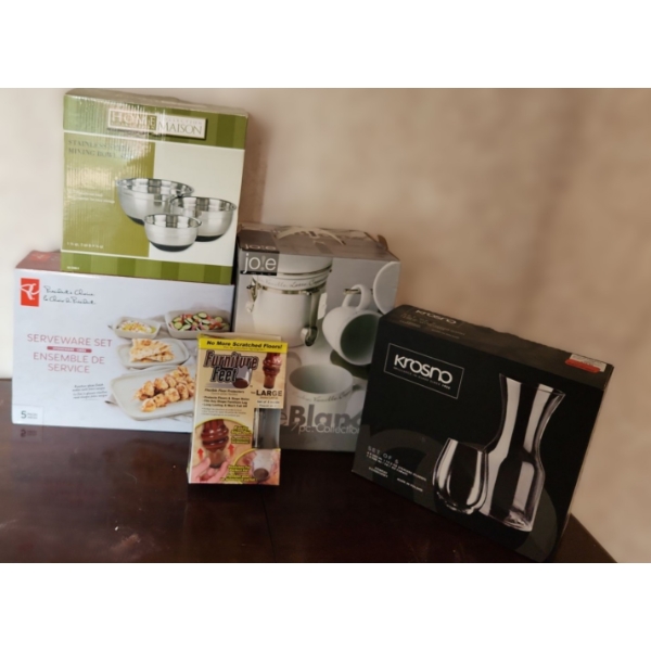 3 Pce Mixing Bowls, 5 Pce Stoneware Serveware, Coffee Cups/Canister Set, Furniture Feet, Wine Carafe