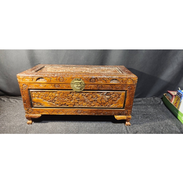 Vintage Hand-Carved Wooden Chest, 17 x 34.5 x 16.5 Inches, Made in Hong Kong