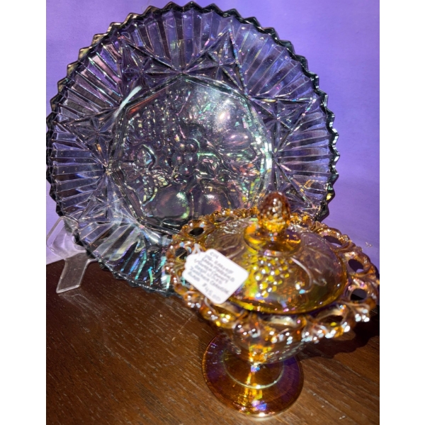 Vintage Smokey Carnival Crimped Bowl/Platter 11"tall & Indiana Marigold Harvest Grape