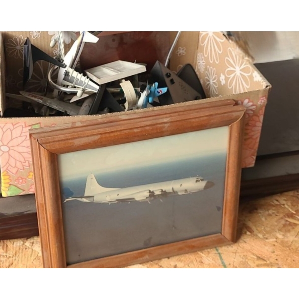Box of Model/ Miniature Planes, Display Platform  39 W, 13 D, 3 T and Framed Photos 9.5 X 11.5