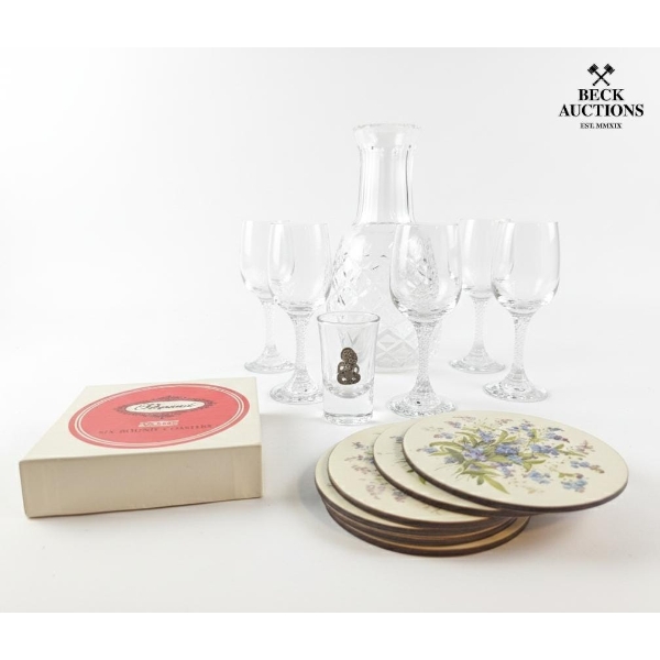 Vintage Cut Crystal Stemware And A Matching Decanter 8''INCHES HEIGHT , Coasters Floral Design