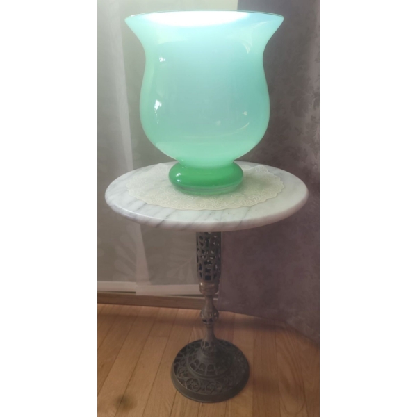 Small Brass & Marble Top Table ( 15W, 19T) w/ Lovely Large Green Glass Vase & More 