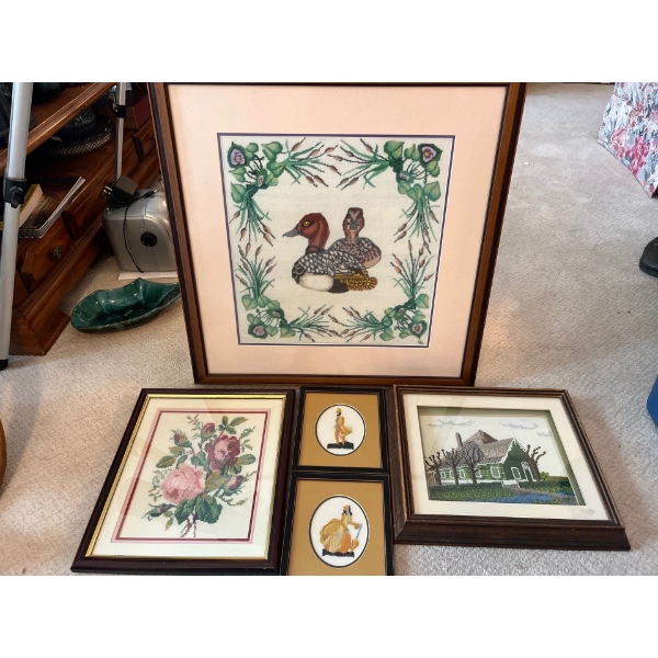 collection various size Cross-stitch framed art pieces all in great condition 5 pieces 
