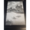 Image 3 : Vintage Framed Vietnamese Black & White Painting On Silk, A Tranquil Landscape Scene With Boats.