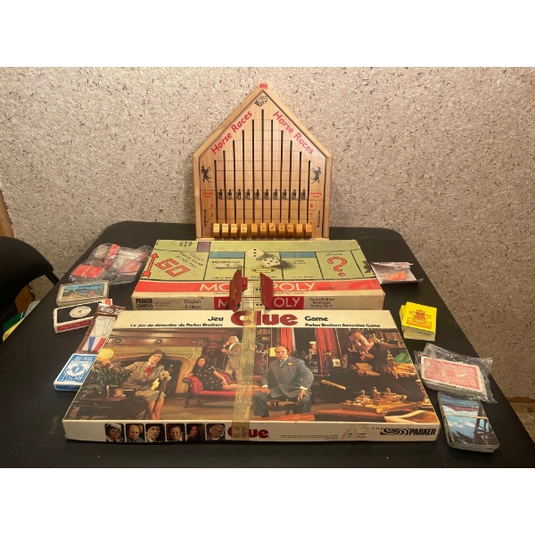 Wooden Horse race Game, Monopoly, Clue, Vintage Cards sets, Crib Set.