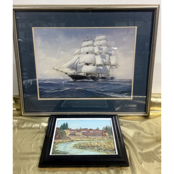 Framed Ship Painting and Framed Water Scene Print