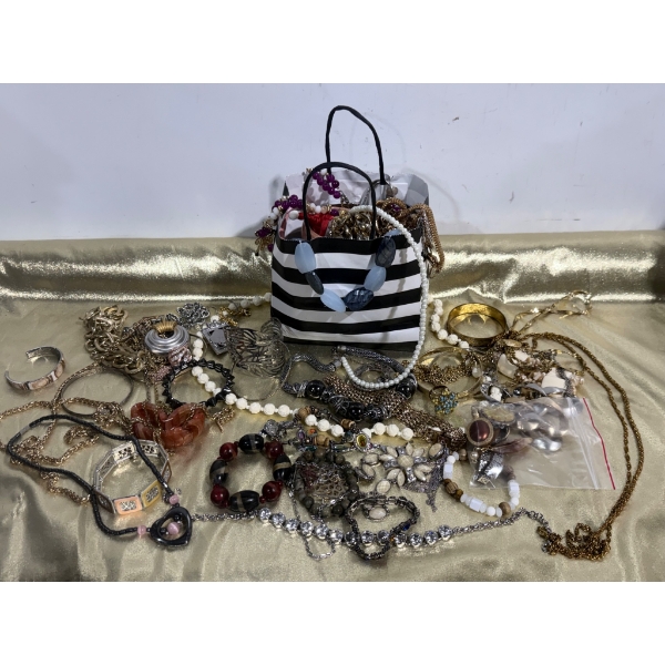 Costume Jewelry with Striped Handbag