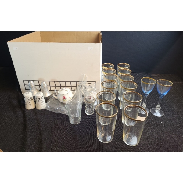 Box w/ Golden Rim Drinking Glasses, Some Pictured, Additional Pieces Boxed, Other Items Included