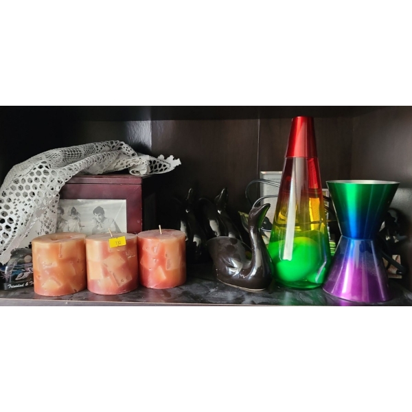 Assorted Decor Including: Picture Box, Candles, Lava Lamp 14 T, and More!