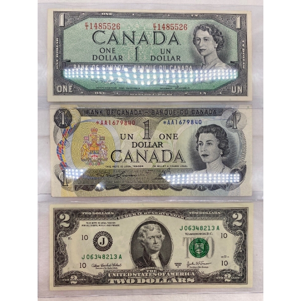 Canadian 1954 and 1973 $1.00 Bills and U.S. 2003 $2.00 bill Prefix E/I *AA
