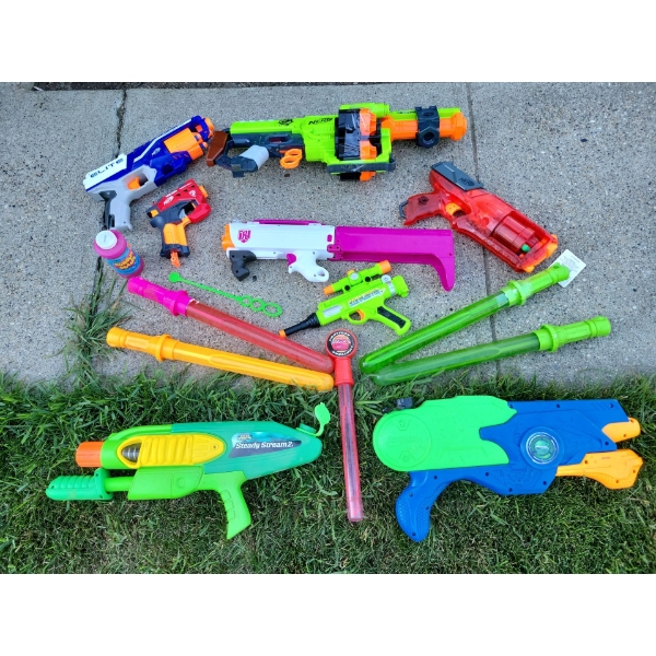 Outdoor Fun In The Sun - NERF Launchers Water Pistols & Big Bubble Collection