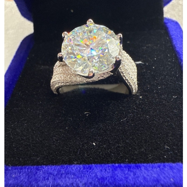 5ct GRA Certified Round Brilliant Cut Moissanite with 130 Round Cut CZ's set in 925 Silver Ring