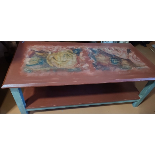 Country Style Wooden Table with Painted Rose Motif 47 L, 24 W, 18 T