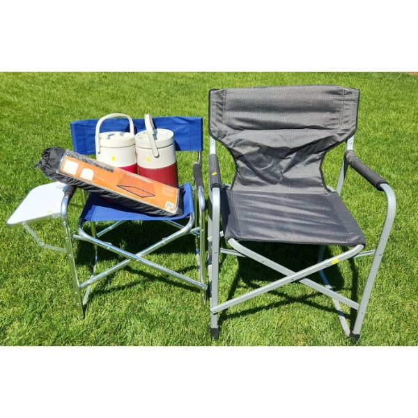 Two Folding Camp Chairs: Grey 24 W, 20 D, 36 T, Drink Coolers and Eagle's Camp 8 X 8 Screen House 