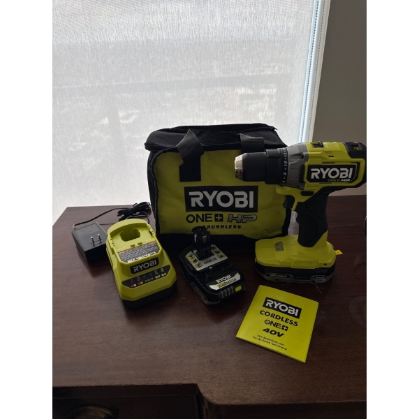 Like New Ryobi Brushless Drill, Battery, Charger and Travel Tote