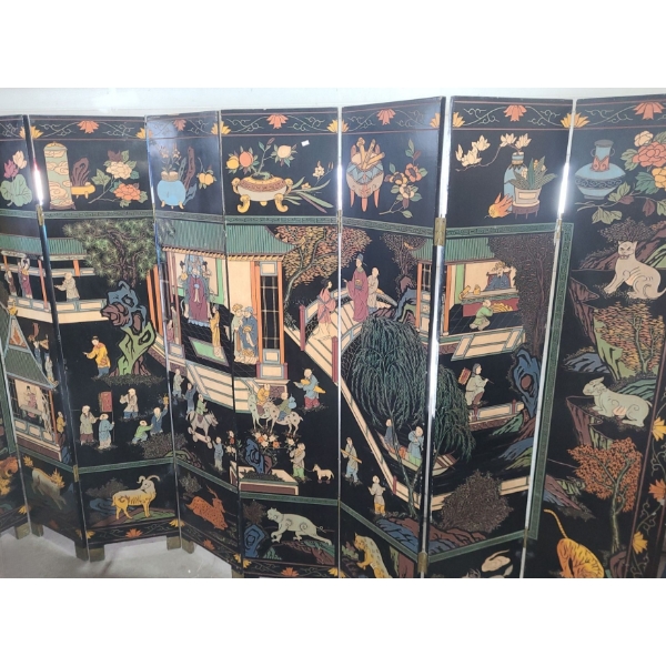 Two Asian Story Painted Panel Room Dividers- Each Divider: 60 W, 72 T- Designs on Both Sides 
