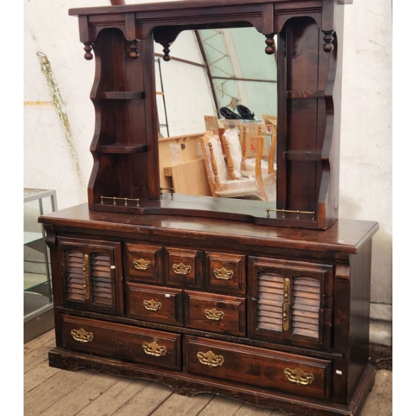 Vintage Dark Wood Bedroom Dresser Set with Intricate Carvings and Brass Hardware ( See Description)