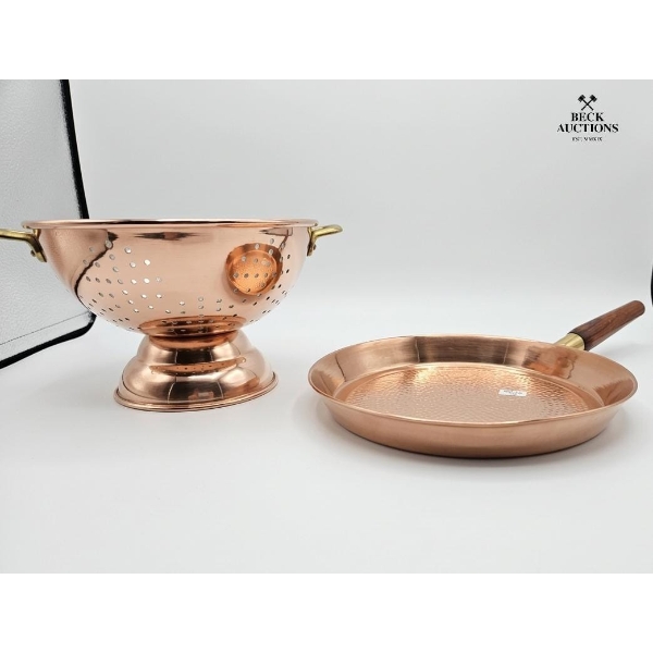 Copper And Brass Kitchenware Set Includes A Footed Colander 10''W And A Hammered Skillet 9''W & 6''H