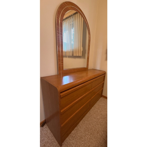 Stone Oak Solid Wood 6 Drawer Dressing Table w/ Arched Mirror 47x15x45