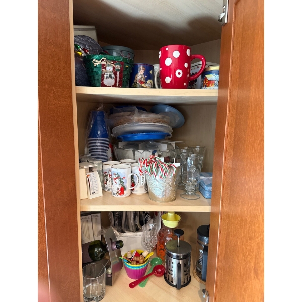 Assorted Kitchenware Including Holiday Cups, Mugs, Tins, Bodium Strainers 