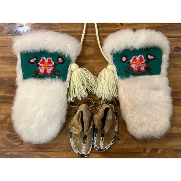Hand Made white fur mittens with child Size Deer skin moccasins.