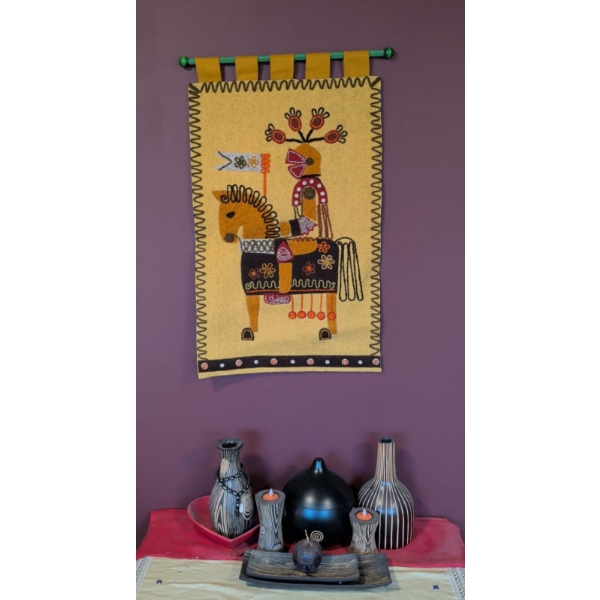 Tribal Ethnic Horse Tapestry w/ Hand Carved Wood Vases Trays Lidded Vessel & More