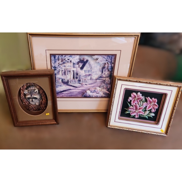 Layered Paper Relief Art: Raccoon 12 X 15, Oak Lake Inn 26.5 X 22.5, Flowers 17 X 14.5