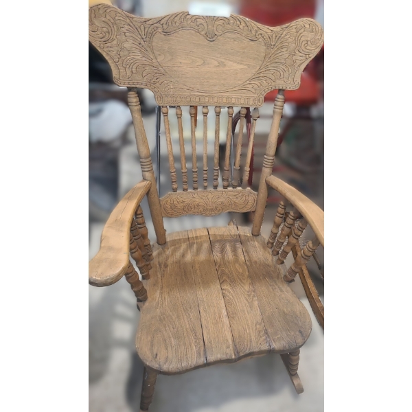 Beautiful Vintage Pressback Wooden Rocking Chair w Lovely Carved Details  25 w 35 d 38 1/2 h