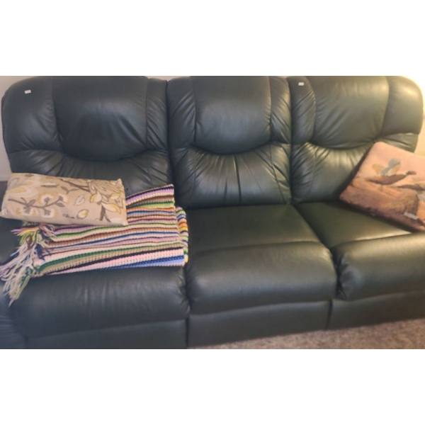 Green Leather 3 Seater Sofa 88 W, 34 D, 39 T w/ Reclining Feature