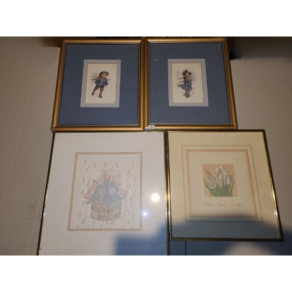 Boy and Girl Prints 11.5 X 13.5, Basket 14.5 X 14.5, Numbered 466/ 2500 Tulips by Adkins 12.5 X 12.5