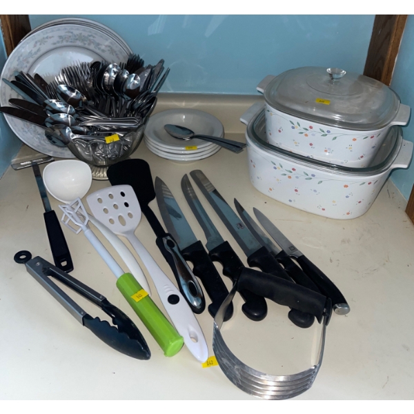 Two Larger Corning ware Casserole Dishes w/Lids & Endless Bowl Of Essential Everyday Cutlery in Bowl