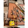 Image 2 :  vintage woodworking tools, including a brace and bit, various auger bits, a wooden marking gauge, a