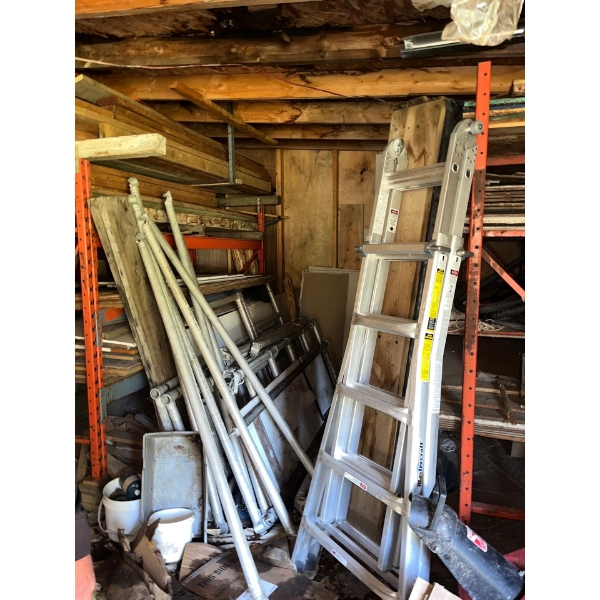  Industrial scaffolding, several pieces length unknown also included is a Mastercraft extendable lad