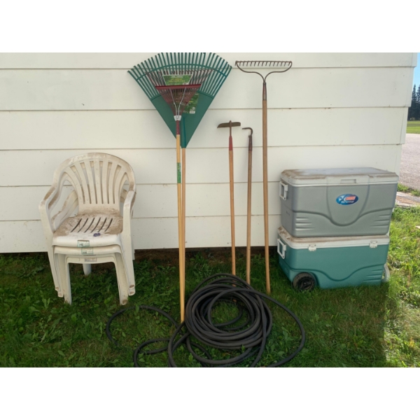 Summer time lot, coolers, garden hose, garden tools and patio chairs 