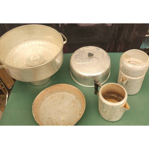 Aluminum Kitchenware Lot With Large Bowl, Cake Carrier, and Coffee Pots