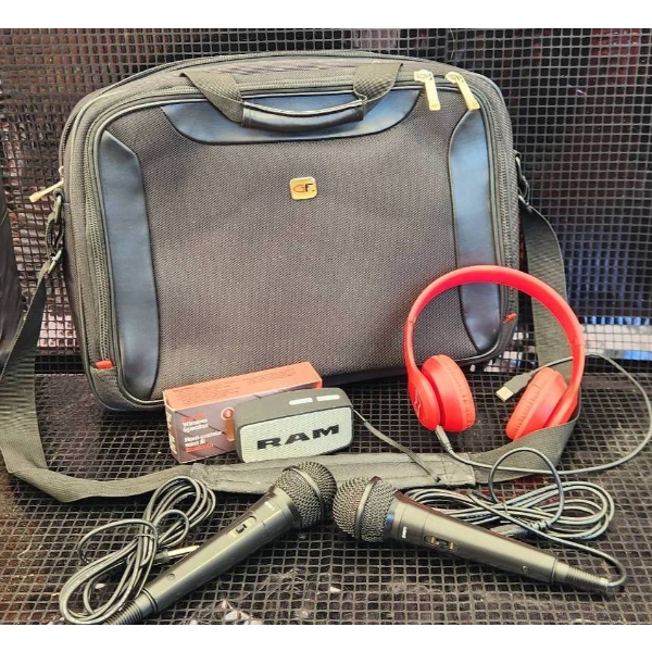Tech Lot: Laptop Bag with Bluetooth Speaker, Headphones, and Microphones
