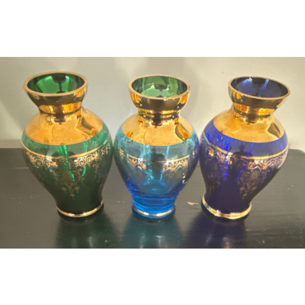 Lazzarini Art Glass Vases - Handblown Italian Venetian Glass w/ 24K Gold Trim 