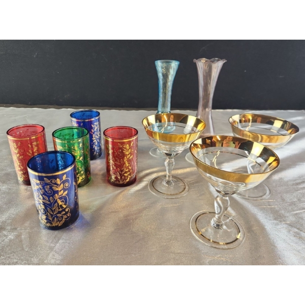 Vintage Collection of Drinkware/Glassware In Striking Colors and Gold Leaf Accents