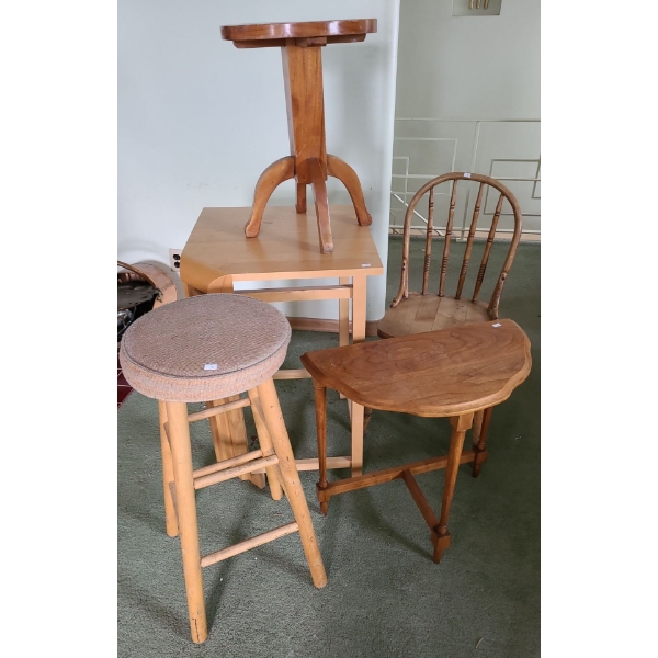 Assorted Wooden Tables and Seating, Tallest Table 31 T, 20 L, 20 W