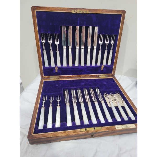 Wooden Case of Sorley Silver Plated and Mother of Pearl Cutlery Set