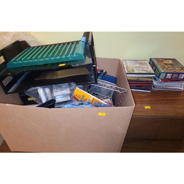 Box of Office Supplies/ Household Items and CD Holder/ Assorted CD's/ Mainly Holiday Music 