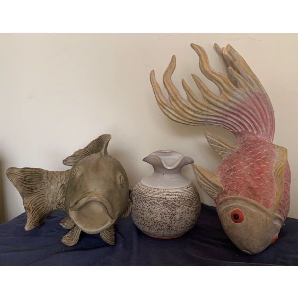 Stoneware Pottery Vase w/ Resin & Wood Coi Fish  18L