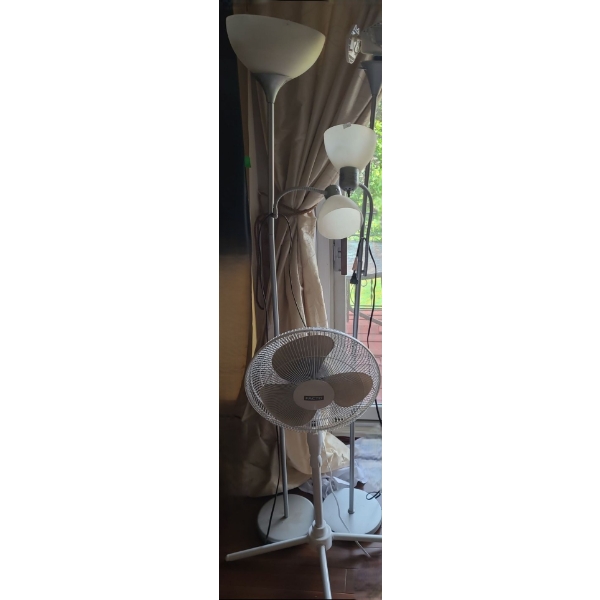 Pair of Floor Lamps 72 T, Facto Pedestal Floor Fan (One Lamp Has Broken Plastic Shade as Shown)