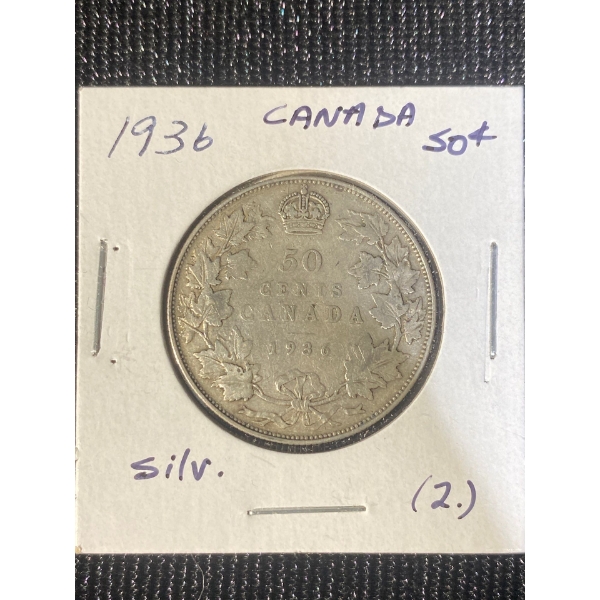 1936 Canadian 50 Cent Coin 92.5% Silver 11.62 Grams
